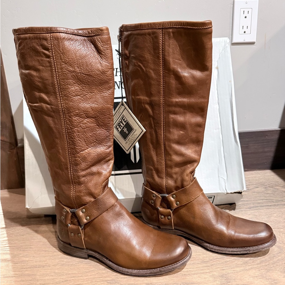 Frye Cognac Leather Harness Boots